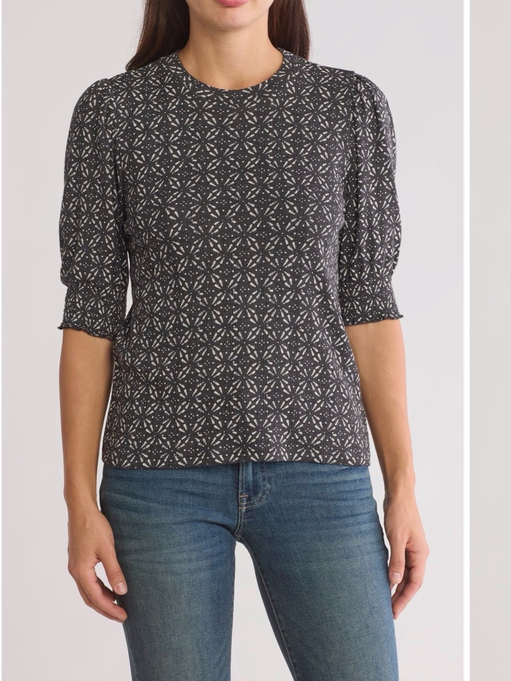 NWOT Lucky Brand Pointelle Short Sleeve Top Puffed Sleeves Black & White Medium